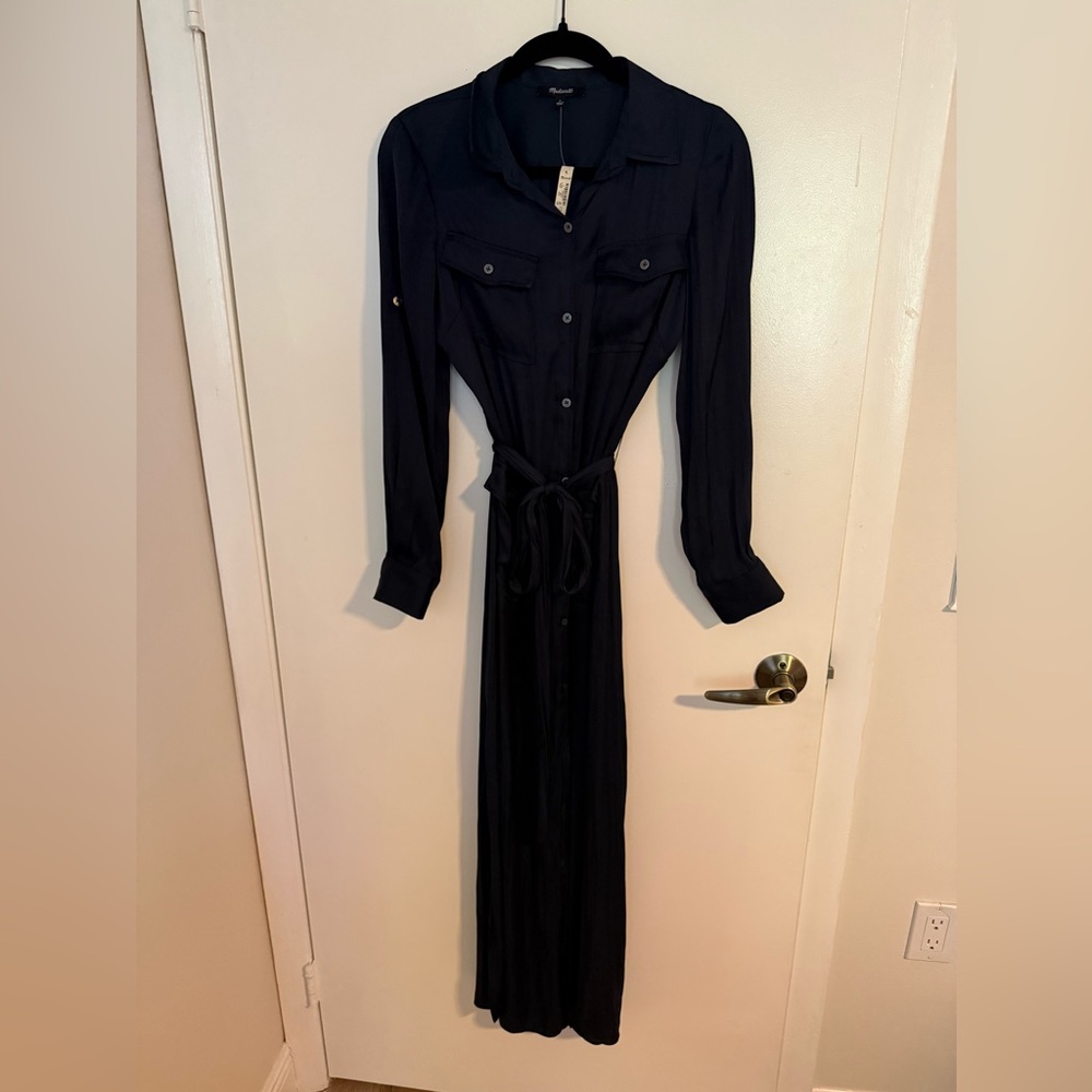 Madewell Button Front Utility Midi Shirt Dress Satin Deep Indigo Blue. - Picture 2 of 4